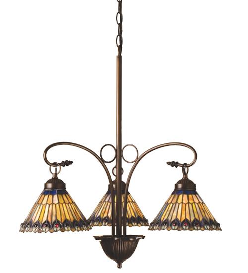 24"W Tiffany Jeweled Peacock 3 LT Chandelier