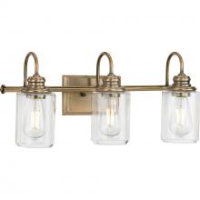 Progress P300322-163 - Aiken Collection Three-Light Clear Glass Vintage Style Brass Farmhouse Style Bath Vanity Wall Light