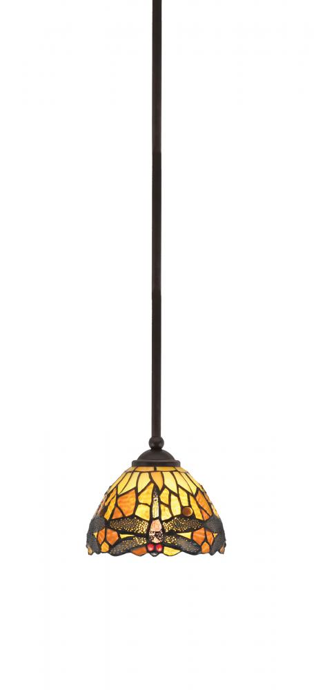 Zilo Stem Hung Mini Pendant, Dark Granite Finish, 7" Amber Dragonfly Art Glass