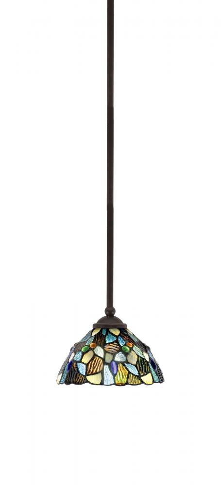 Zilo Stem Hung Mini Pendant, Dark Granite Finish, 7" Blue Mosaic Art Glass