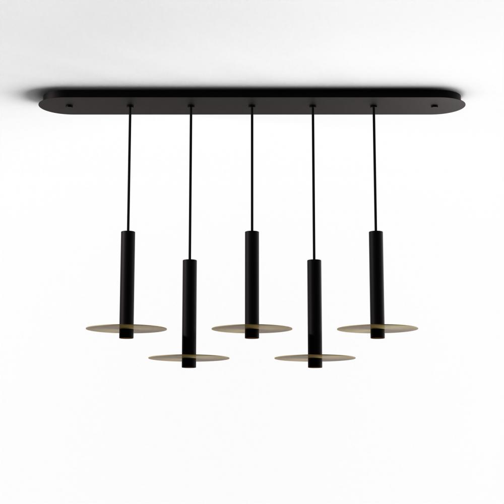 Combi Pendant 12" Linear 5 Combo Matte Black with Matte Black Canopy, 9" metal plate (Brass)