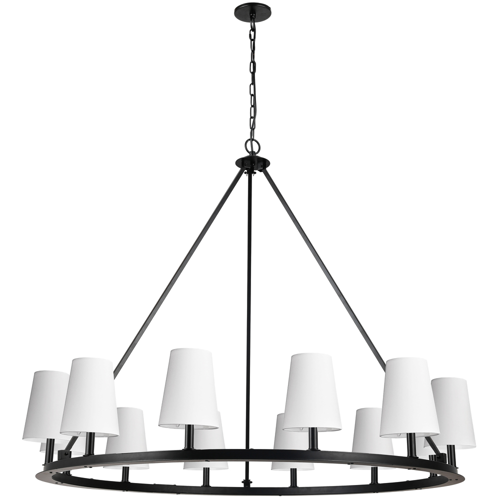 12 Light Incandescent Chandelier, Matte Black with White Shades