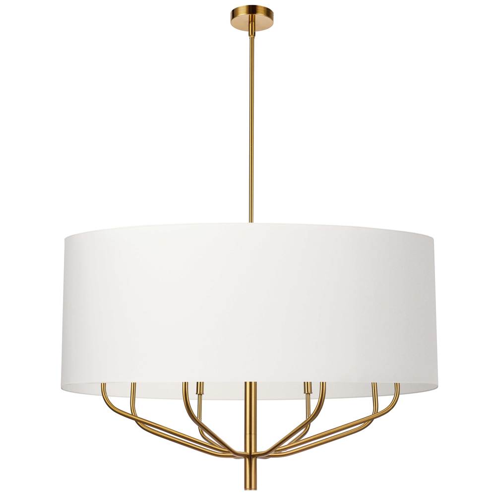 8 Light Incandescent Chandelier, Aged Brass with White Shade