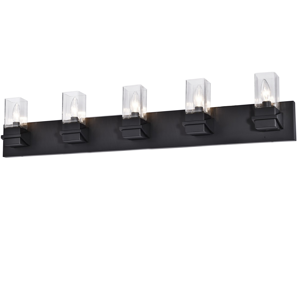 5 Light Incandescent Vanity, Matte Black w/ Clear Glass