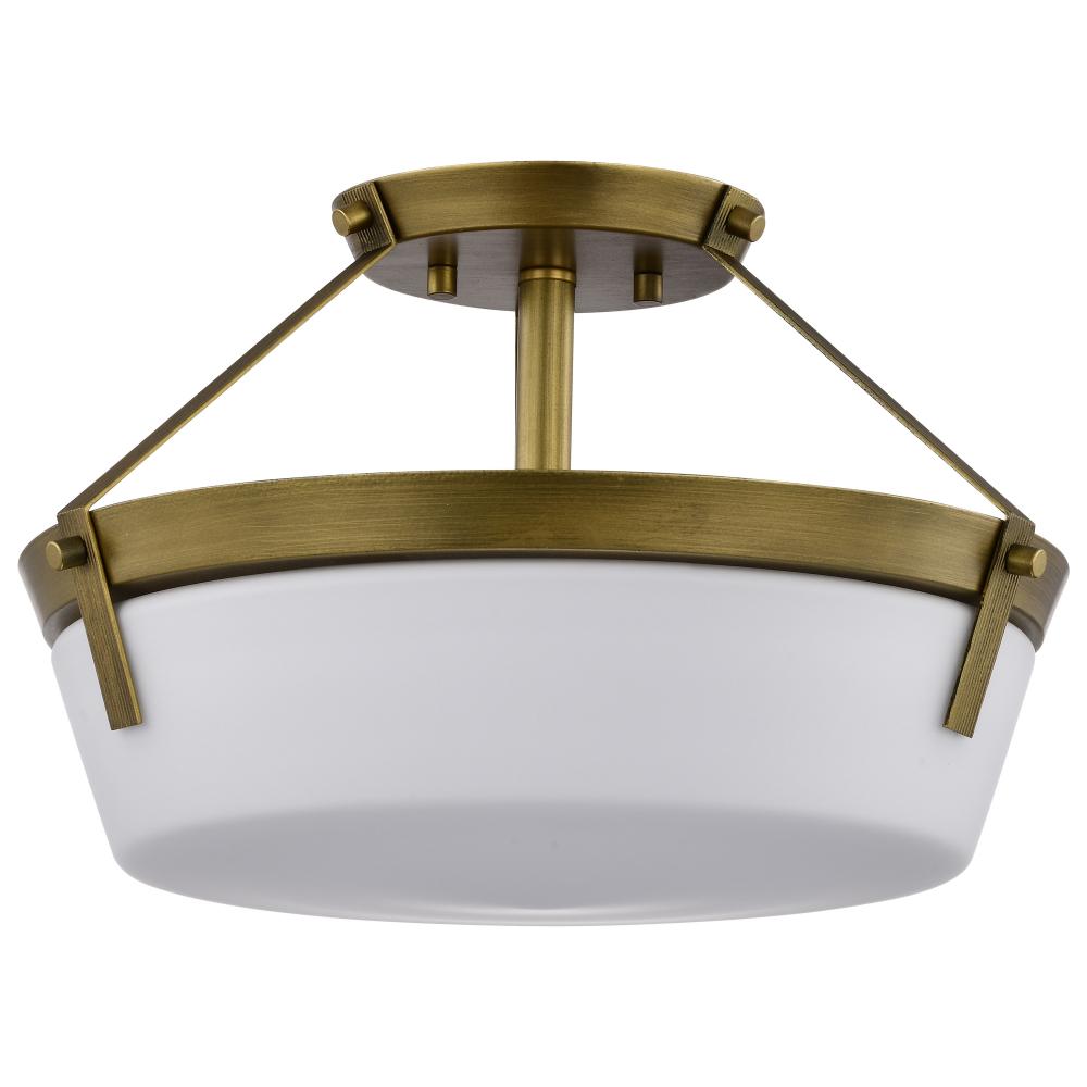 Rowen 3 Light Semi Flush; Natural Brass Finish; Etched White Glass