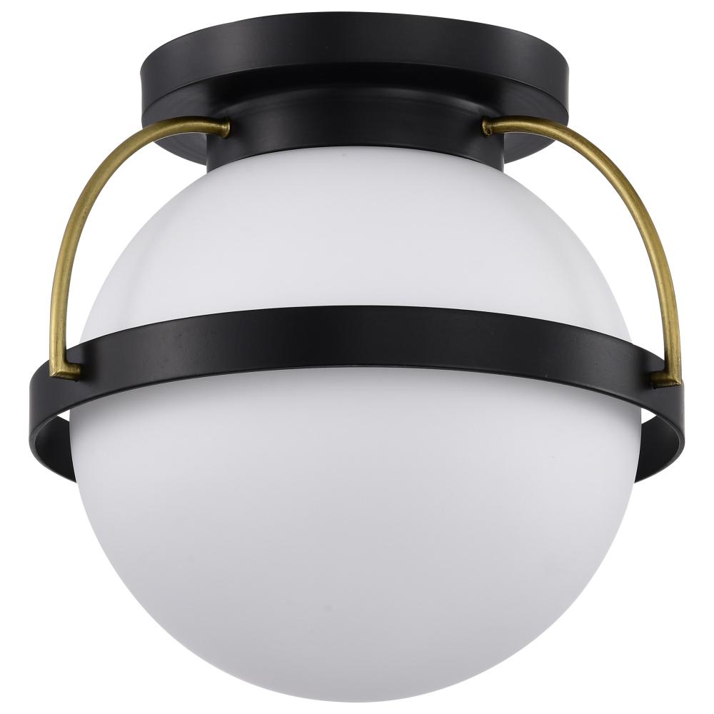 Lakeshore 1 Light Small Flush; Matte Black & Natural Brass Finish; White Opal Glass